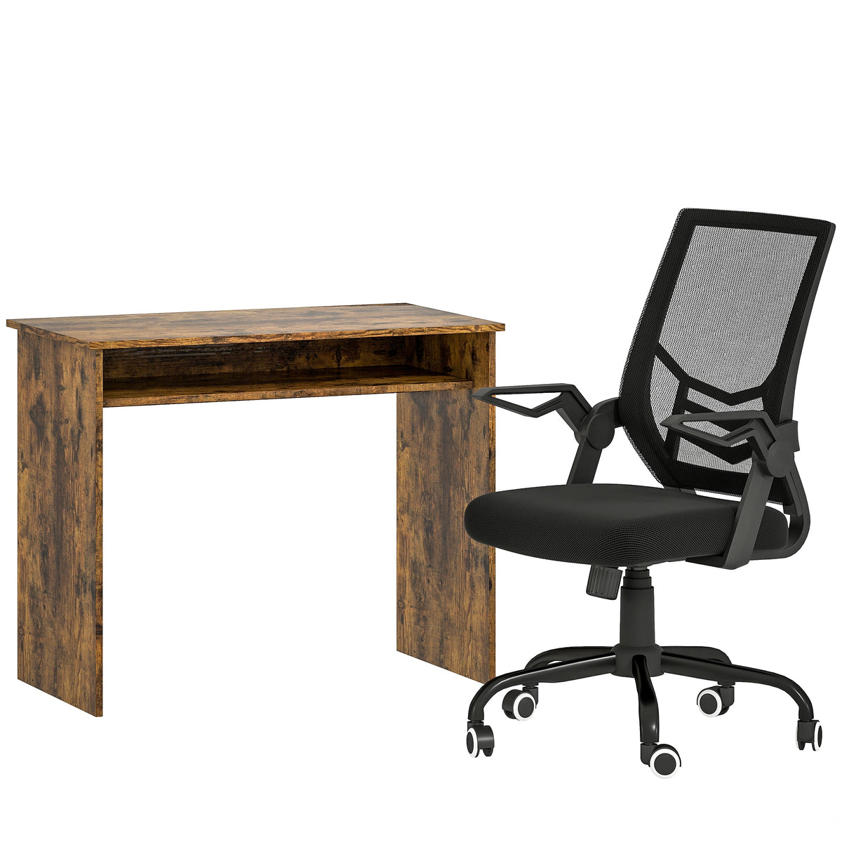 HOMCOM Modern Home Office Furniture Set with a rustic brown desk and black ergonomic mesh chair