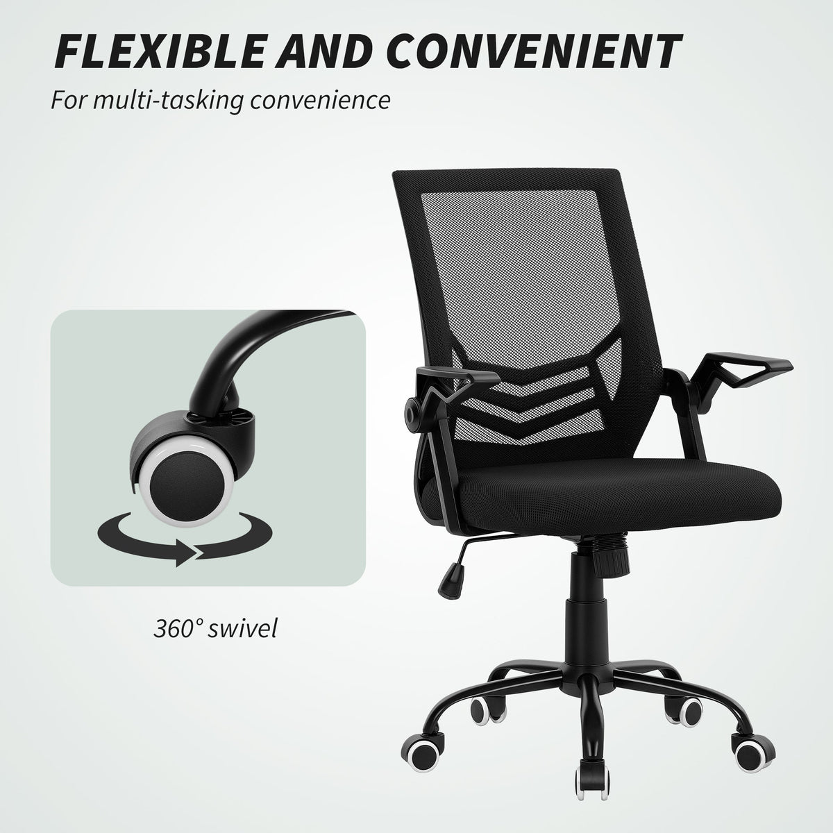 The black ergonomic office chair with a zoomed inset highlighting the rotating castor wheels