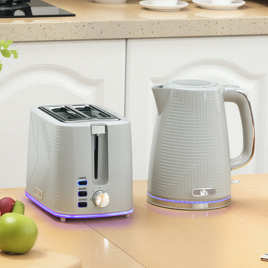 the grey kettle and toaster set sitting on a wooden kitchen counter with blue base lighting