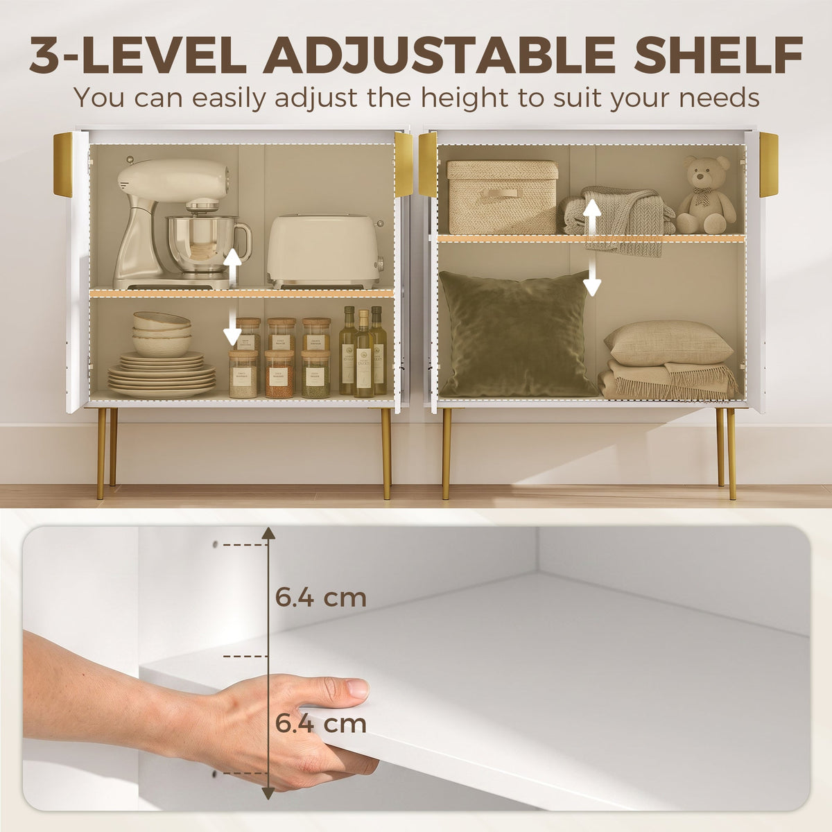 The adjustable shelf inside the white storage cabinet with gold curved line details can be moved to different heights