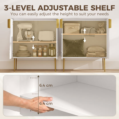 The adjustable shelf inside the white storage cabinet with gold curved line details can be moved to different heights