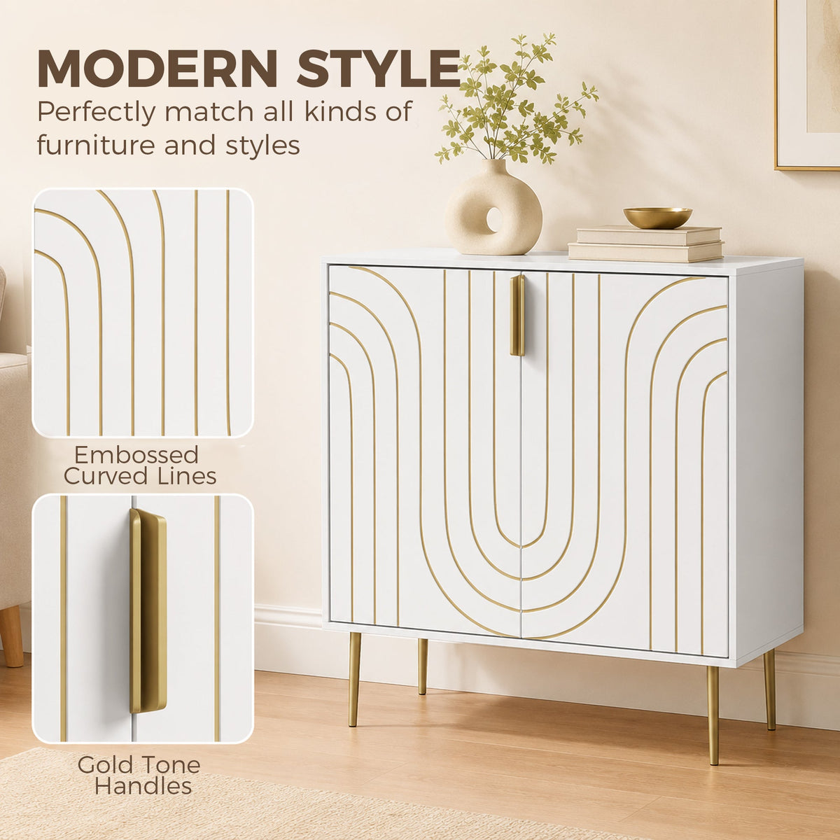 Close up of the gold tone handles and curved line details on the doors of the storage cabinet