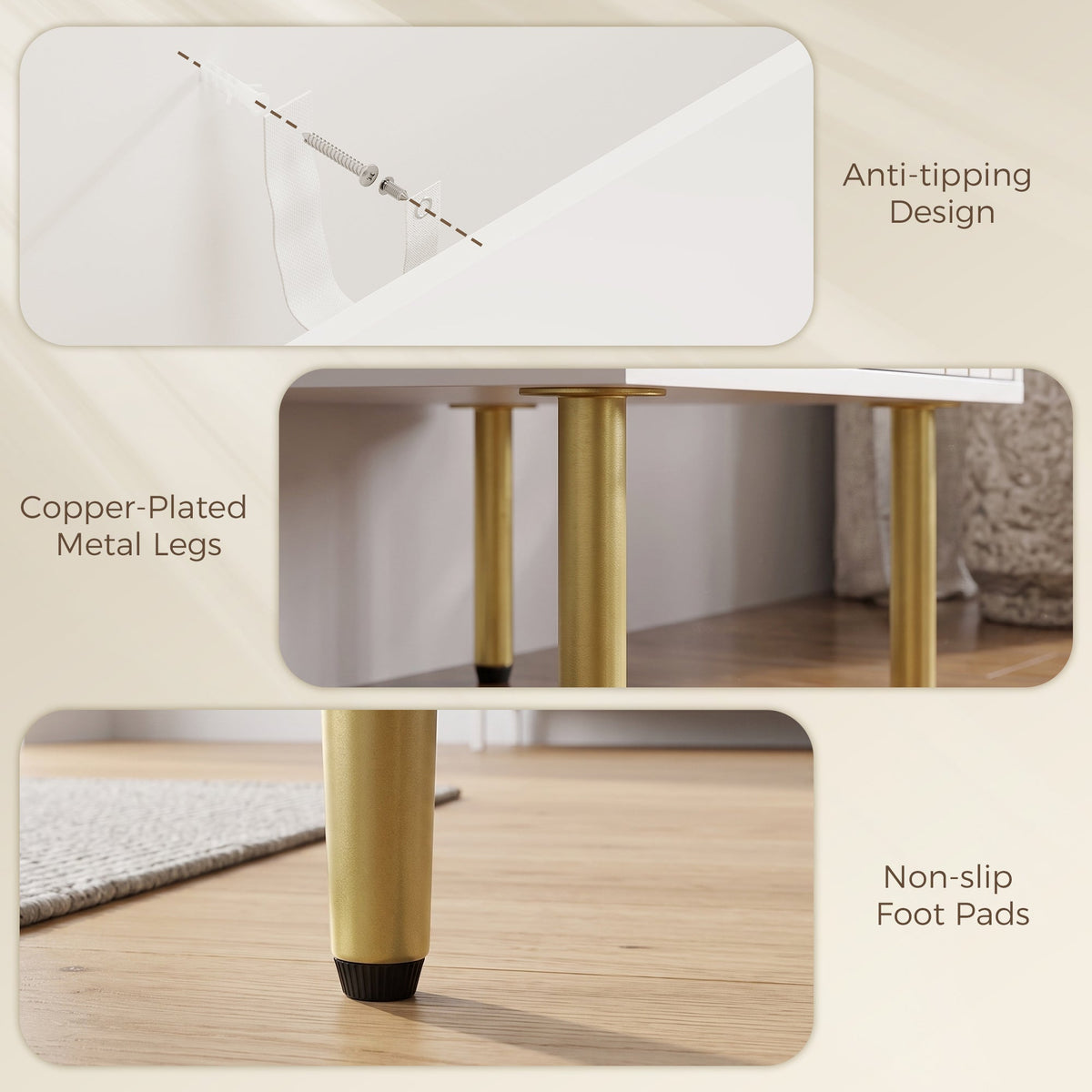 Close up of the copper-plated metal legs and non-slip foot pads of the storage cabinet