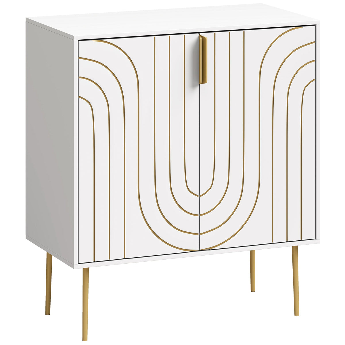 HOMCOM Modern Kitchen Cupboard, a white storage cabinet with gold curved line details on the doors and gold metal legs