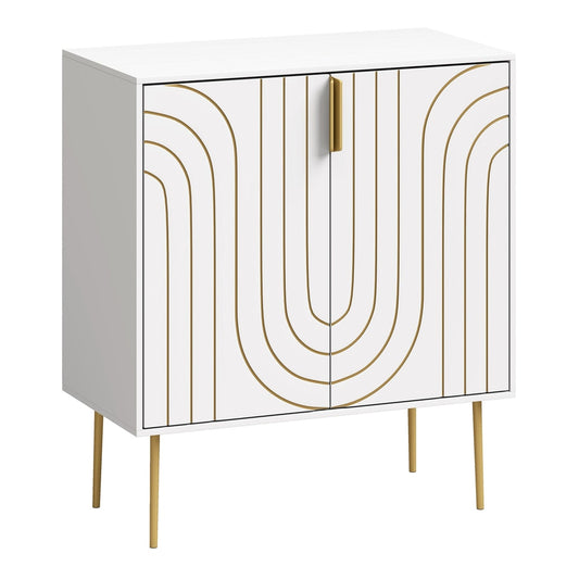 HOMCOM Modern Kitchen Cupboard, a white storage cabinet with gold curved line details on the doors and gold metal legs