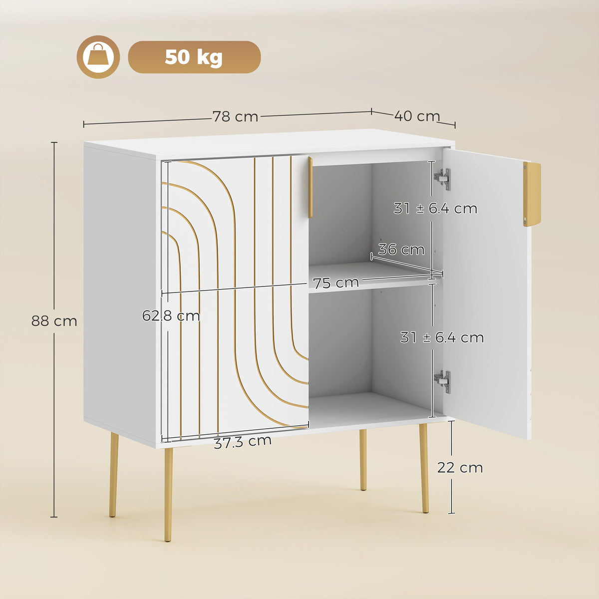 Dimensions of the white storage cabinet with gold curved line details and adjustable shelves