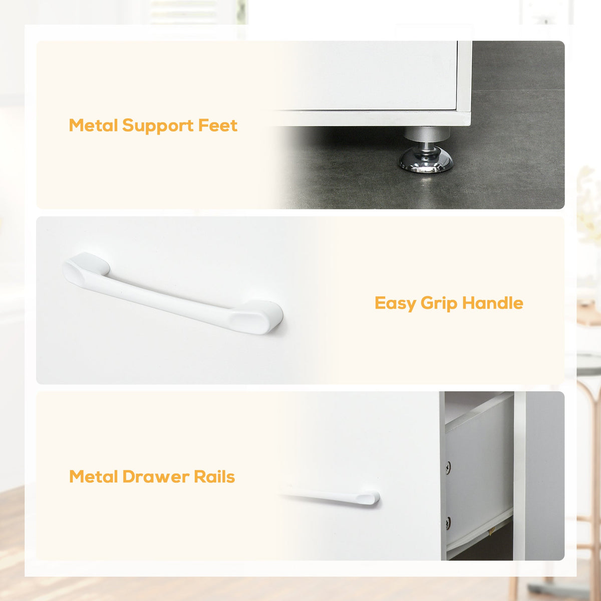 Close up details of the kitchen furniture showing the metal feet, handle and drawer rails