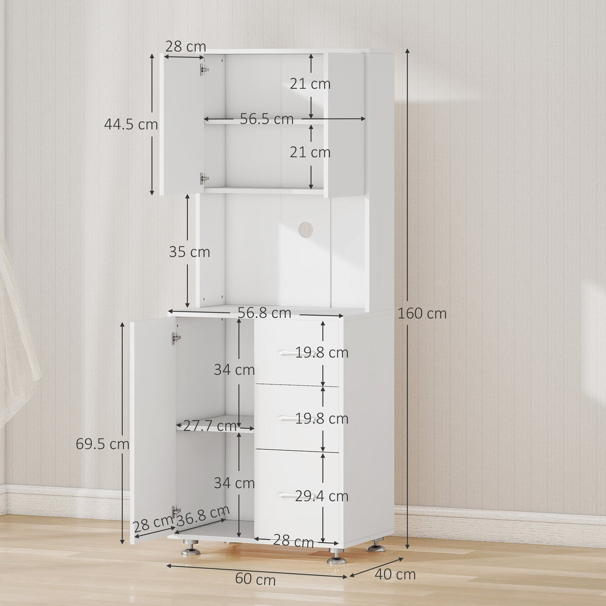 The kitchen furniture shown with open doors and drawers with various dimension lines