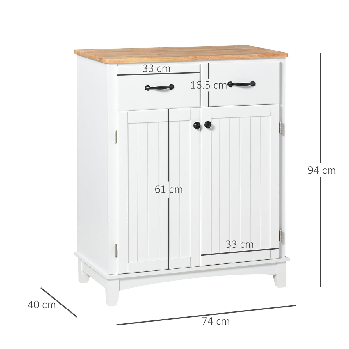 The white kitchen cupboard with dimensions shown in centimetres