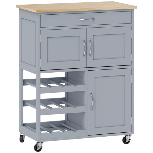 HOMCOM Modern Kitchen Trolley with a wooden countertop and grey cabinets