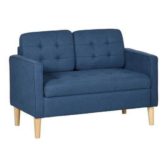 HOMCOM Modern Loveseat Sofa, a compact blue two-seater sofa with tufted back cushions and wooden legs
