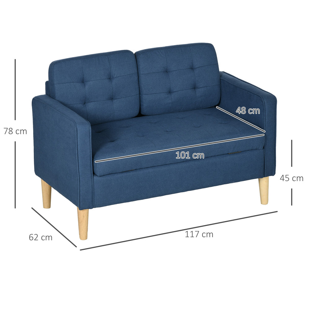 The blue sofa has dimensions indicated for height, width, and depth