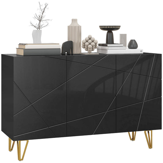 HOMCOM Modern Luxe High Gloss Sideboard in black with gold hairpin legs and geometric front detail