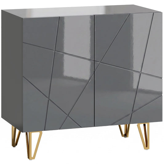HOMCOM Modern Luxe High Gloss Sideboard, a grey cabinet with a geometric pattern and gold hairpin legs