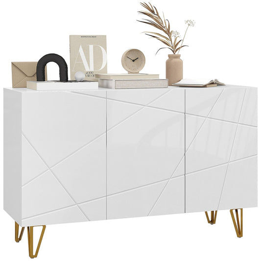 HOMCOM Modern Luxe High Gloss Sideboard, a white cabinet with gold hairpin legs and a geometric pattern on the doors