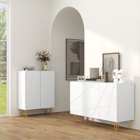 Two white storage cabinets with gold hairpin legs in a modern room setting