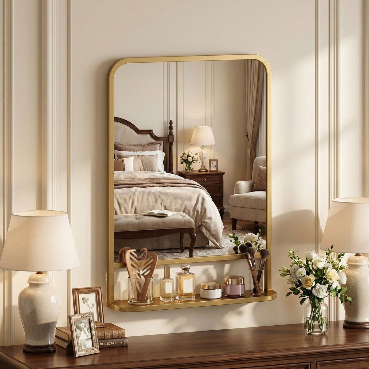 The wall mirror mounted above a wooden dresser with toiletries on the shelf