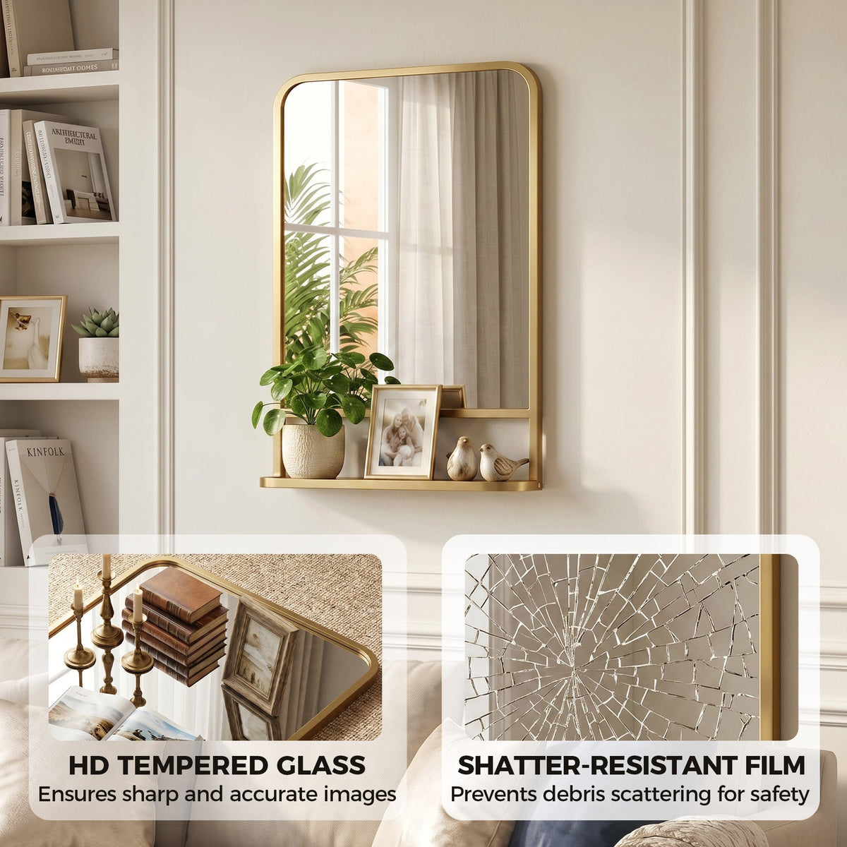 The wall mirror displaying features like tempered glass and shatter-resistant film