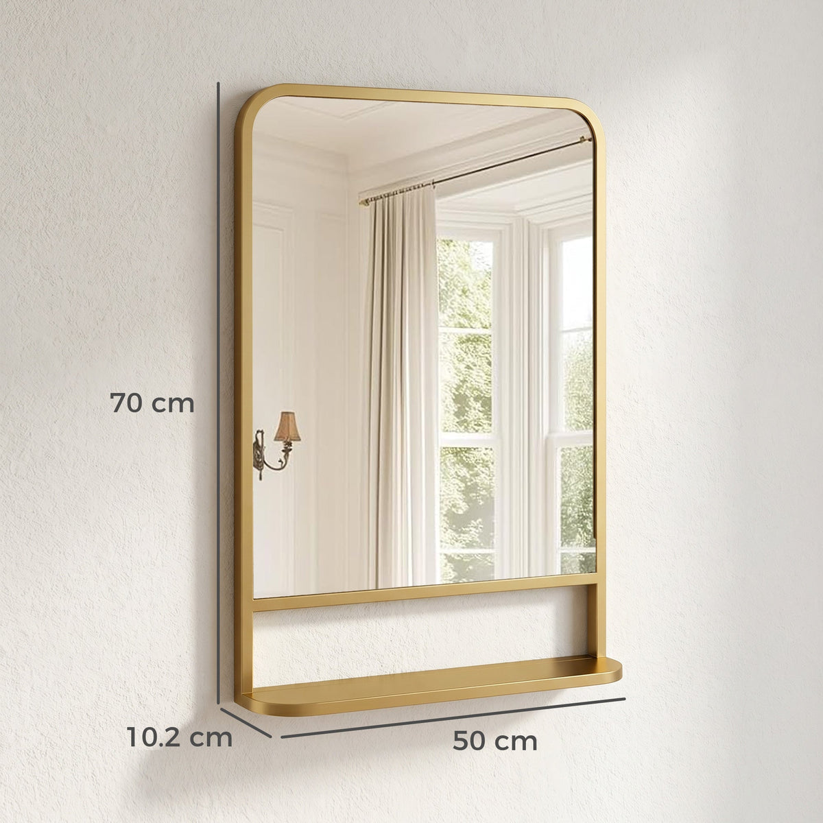 The wall mirror shown against a white wall with dimension lines for scale