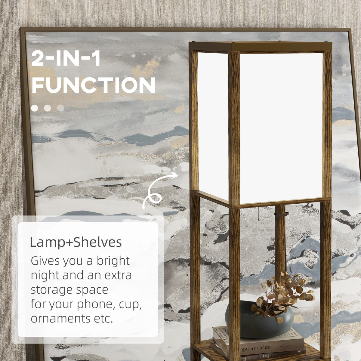 Close-up of the brown shelf floor lamp, showing the dual lampshade and shelves for storage