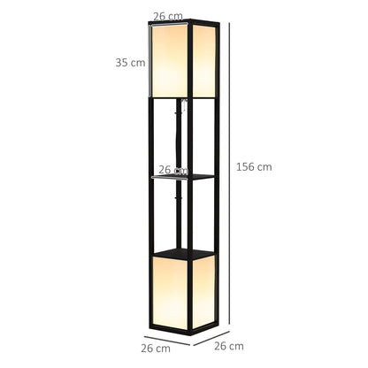 The modern shelf floor lamp shows its dimensions on a white background