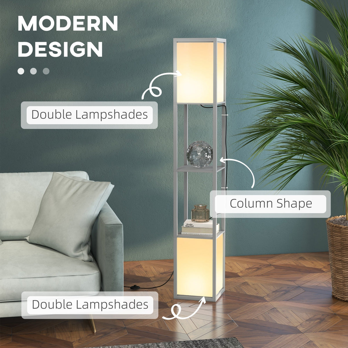 This standing lamp has double lampshades and a column shape, with labels pointing out features