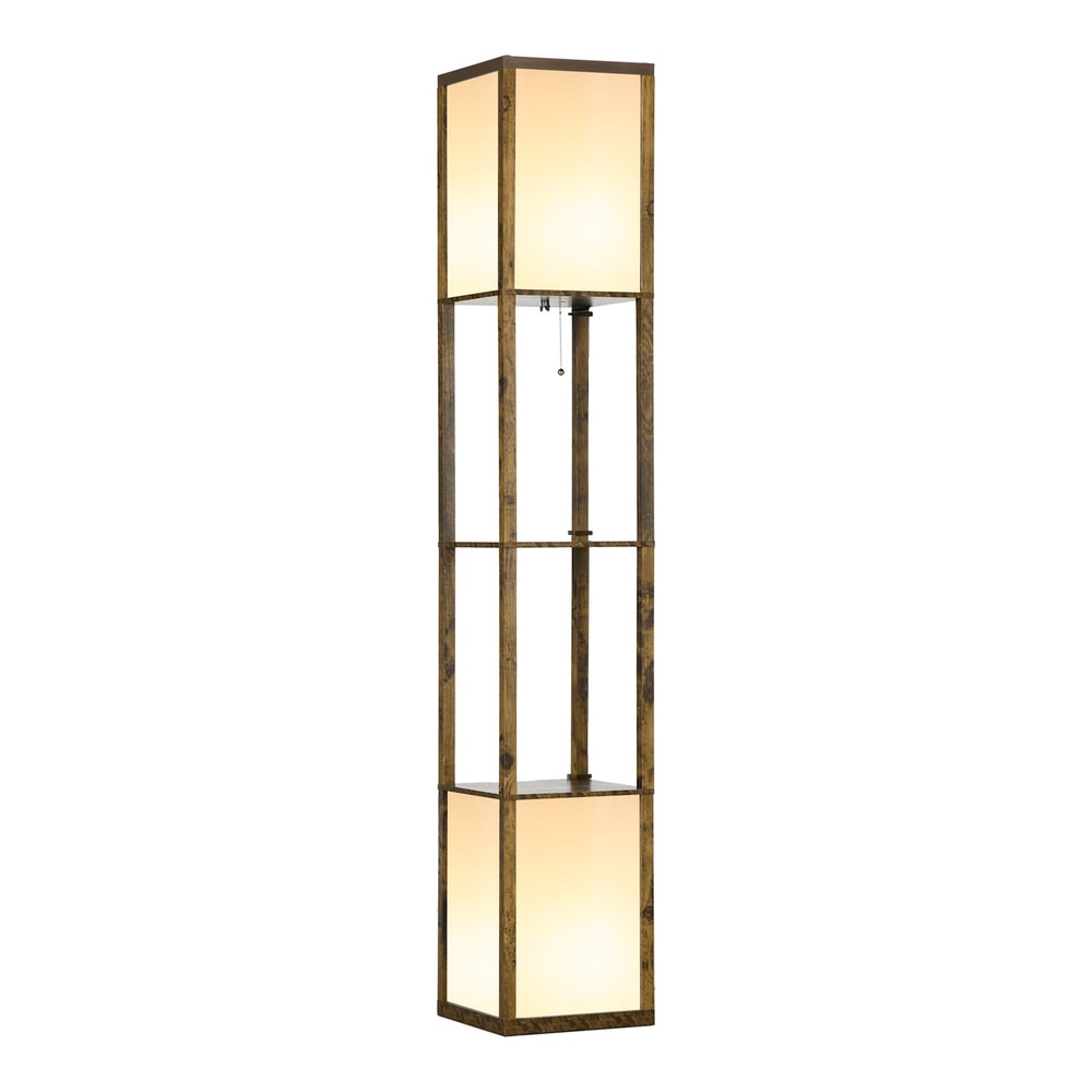 HOMCOM Modern Shelf Floor Lamp with Dual Ambient Light, a tall brown lamp with two square shades and three shelves