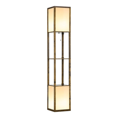 HOMCOM Modern Shelf Floor Lamp with Dual Ambient Light, a tall brown lamp with two square shades and three shelves