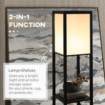 This floor lamp with shelves provides light and storage for ornaments or cups