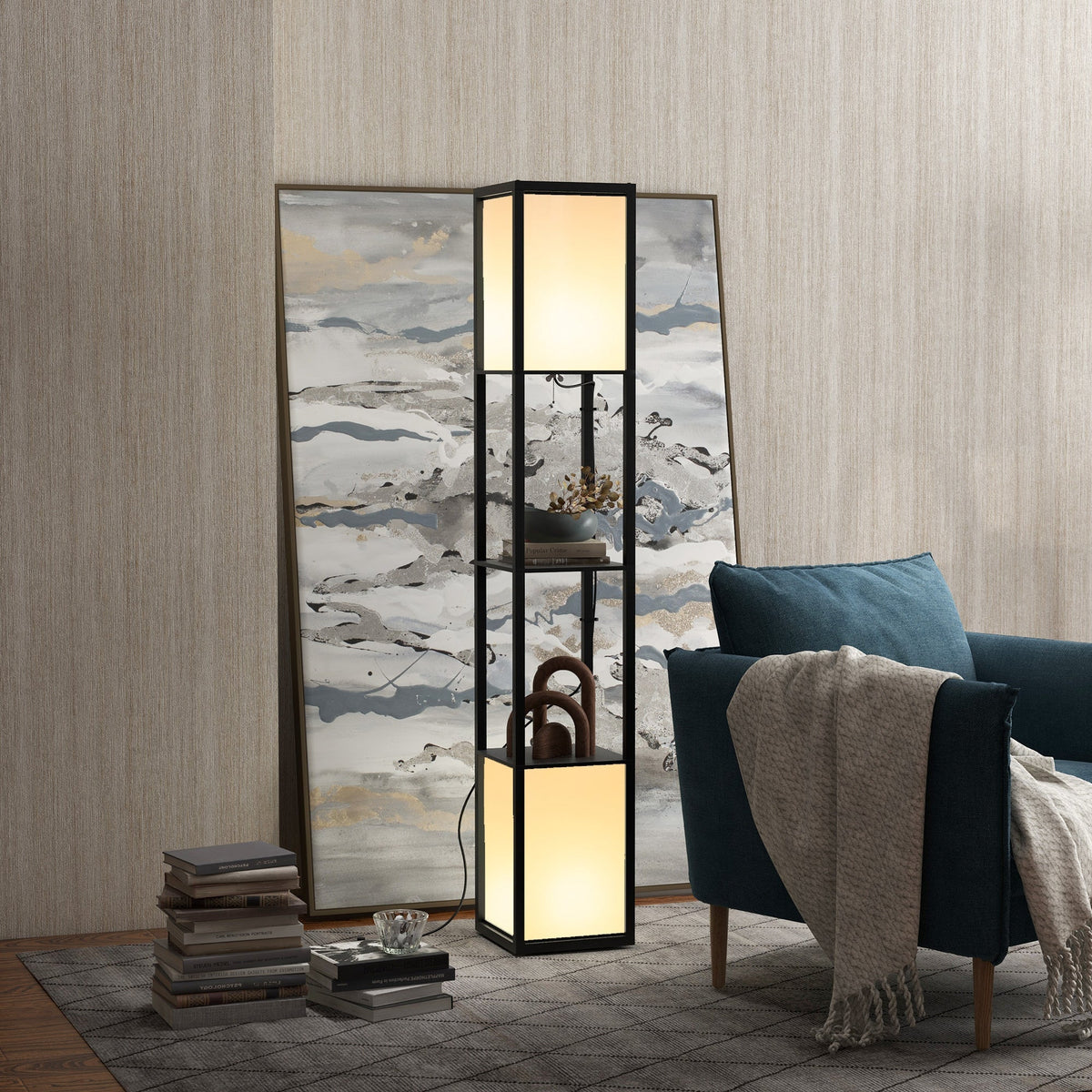 The floor lamp with shelves is shown in a living room next to a blue armchair and a large painting