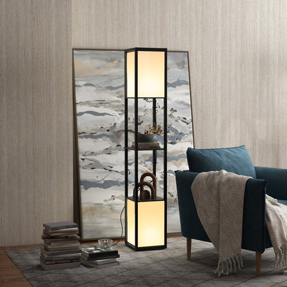 The floor lamp with shelves is shown in a living room next to a blue armchair and a large painting