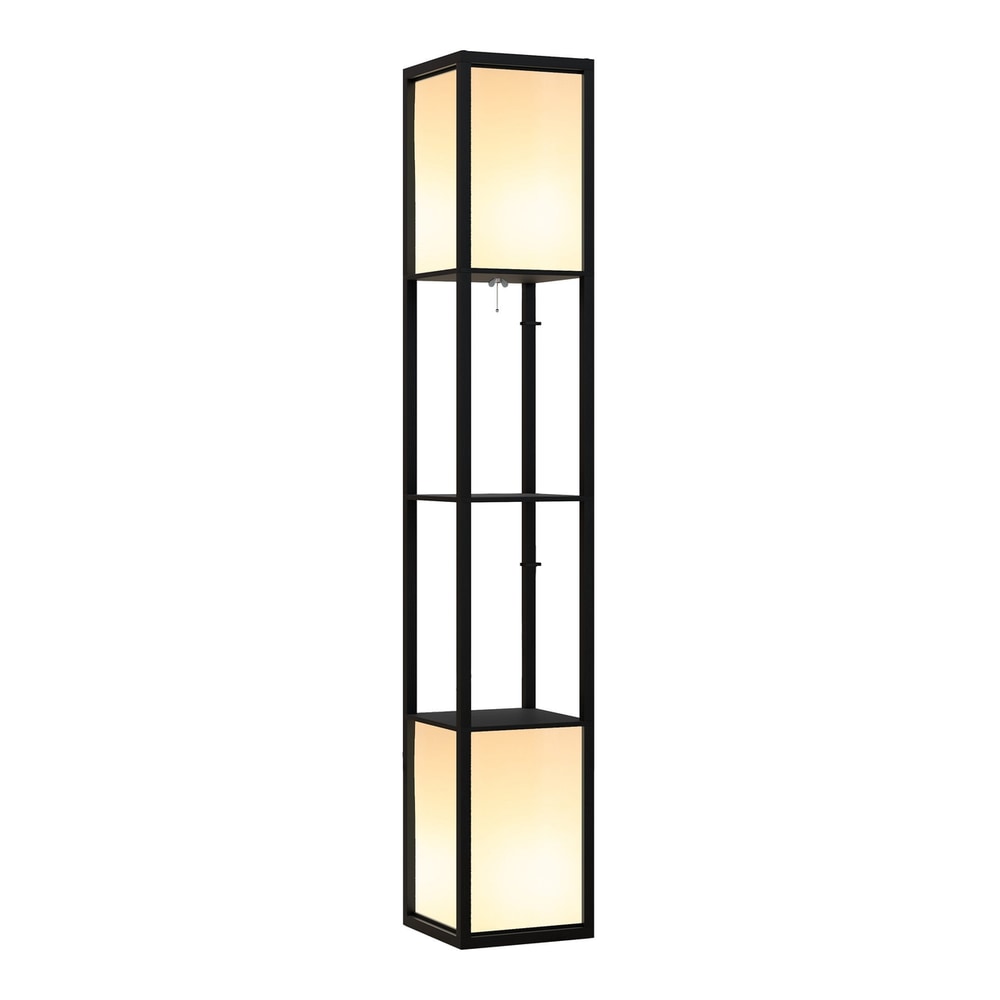 HOMCOM Modern Shelf Floor Lamp with Dual Ambient Light standing tall with two lit shades and three shelves