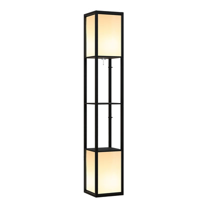 HOMCOM Modern Shelf Floor Lamp with Dual Ambient Light standing tall with two lit shades and three shelves