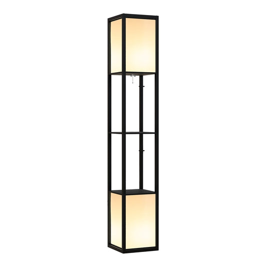 HOMCOM Modern Shelf Floor Lamp with Dual Ambient Light standing tall with two lit shades and three shelves
