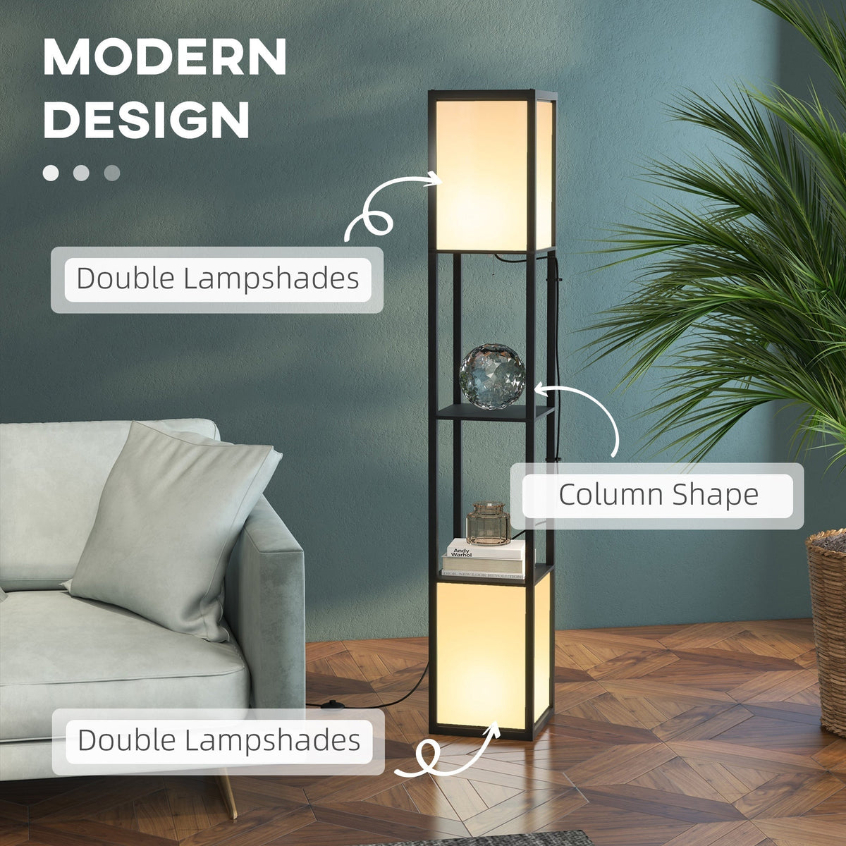 This floor lamp has a column shape and double lampshades, with text overlays