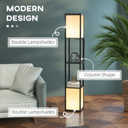 This floor lamp has a column shape and double lampshades, with text overlays