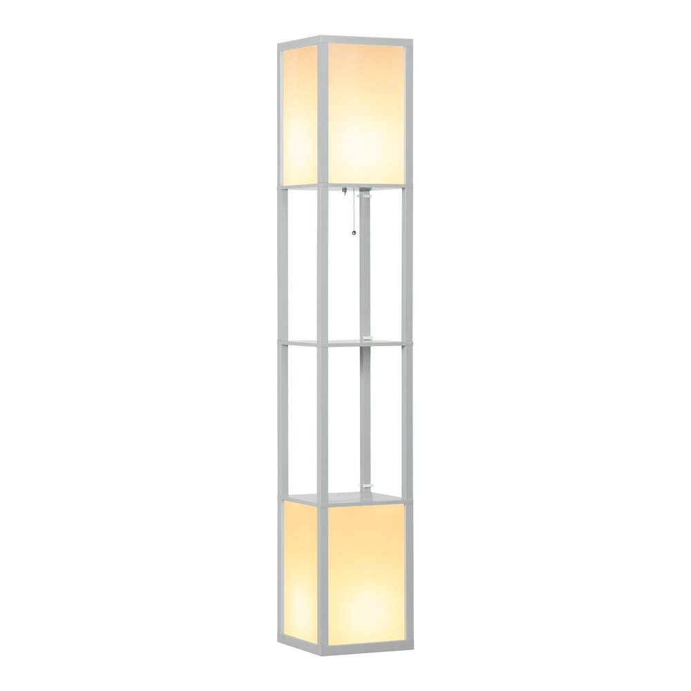HOMCOM Modern Shelf Floor Lamp with Dual Ambient Light, a tall grey lamp with two illuminated shades and two shelves