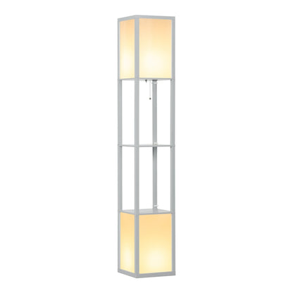 HOMCOM Modern Shelf Floor Lamp with Dual Ambient Light, a tall grey lamp with two illuminated shades and two shelves