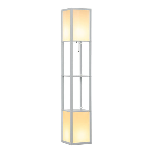 HOMCOM Modern Shelf Floor Lamp with Dual Ambient Light, a tall grey lamp with two illuminated shades and two shelves