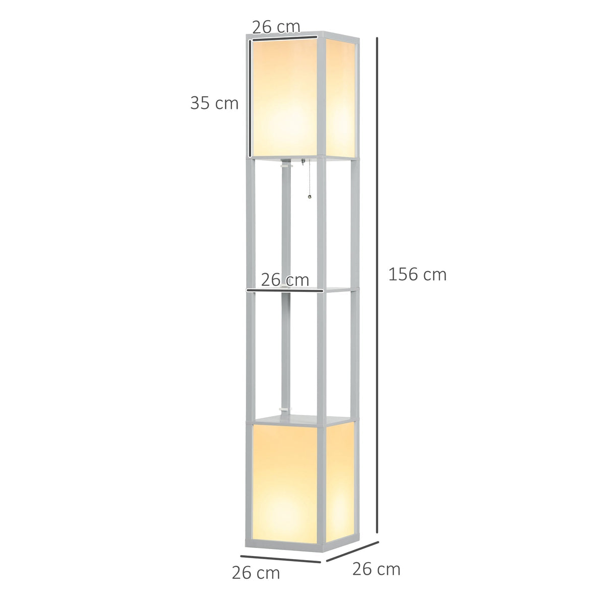 The grey floor lamp with dimensions shown, including height and shelf sizes