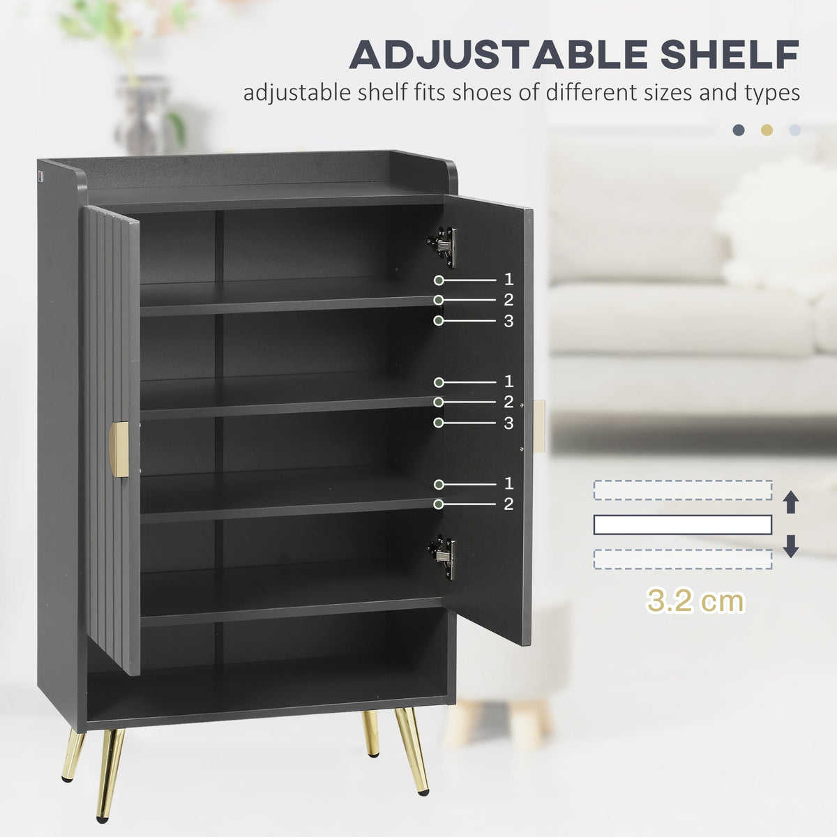 The shoe storage unit with doors open highlighting the adjustable shelf height positions