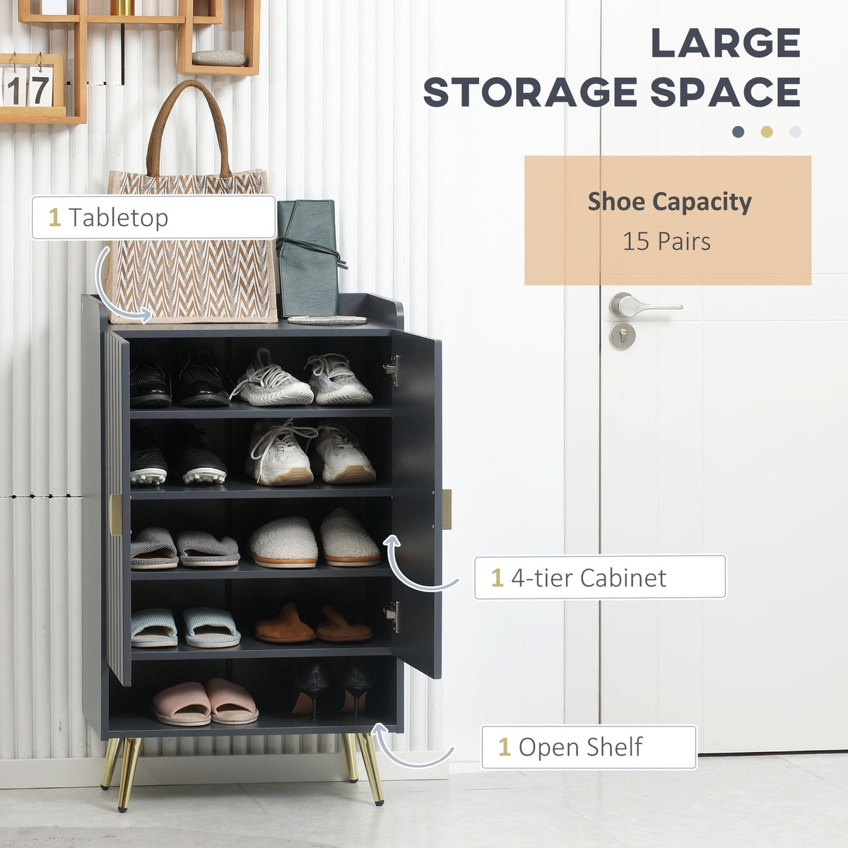 The shoe cabinet with doors open showing four internal shelves filled with various pairs of shoes
