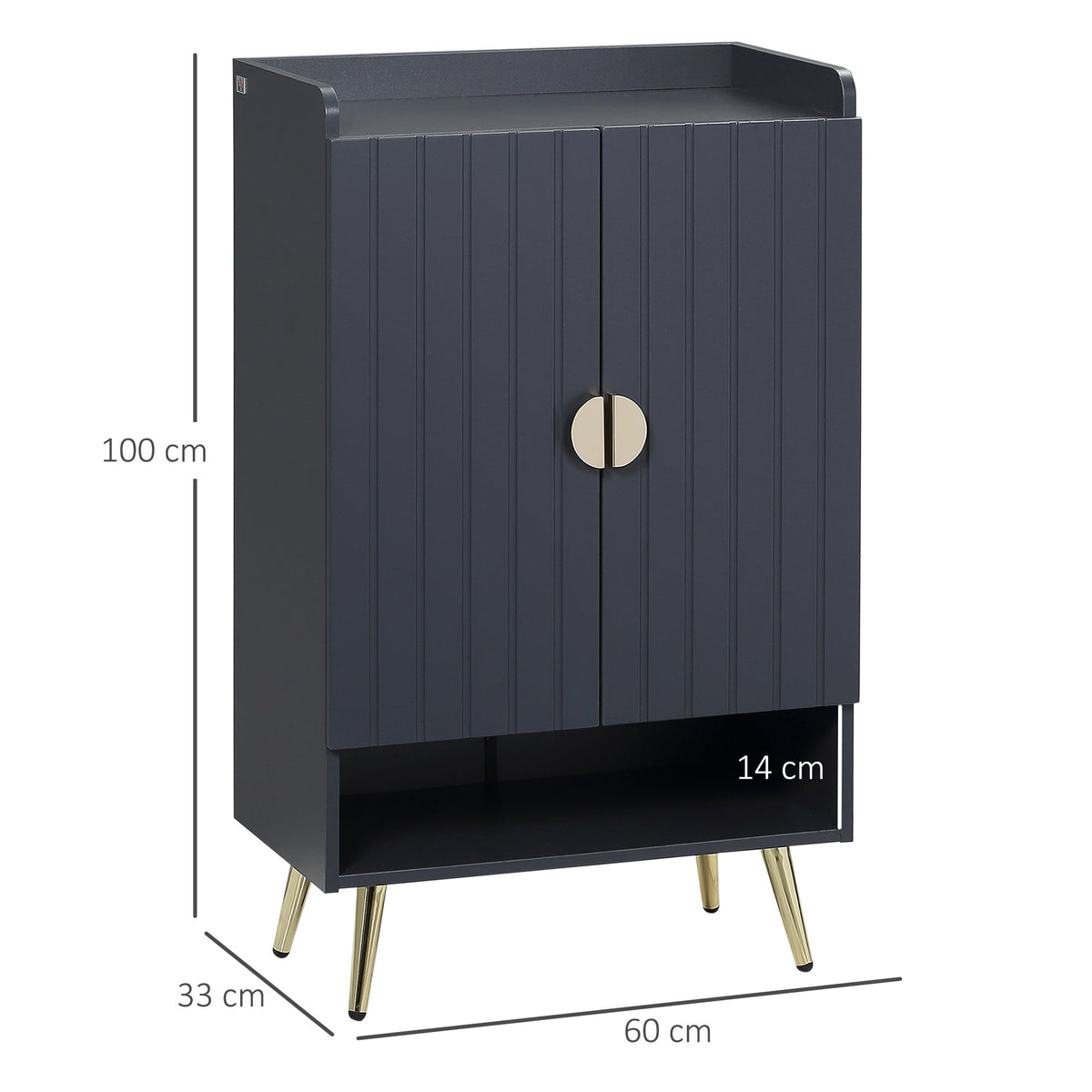 The shoe storage unit shown with dimension lines indicating its height, width and depth