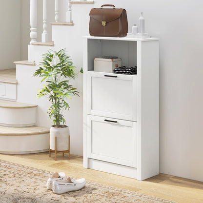 White shoe storage cabinet with two flip drawers and an open top compartment, styled in a hallway