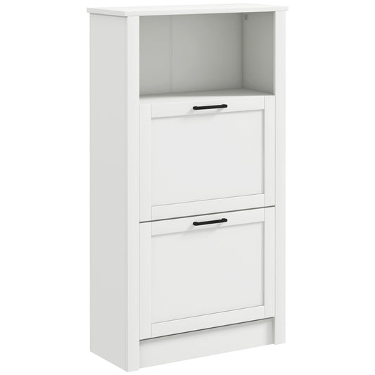 HOMCOM Modern Shoe Cabinet with two flip drawers and an open compartment in white