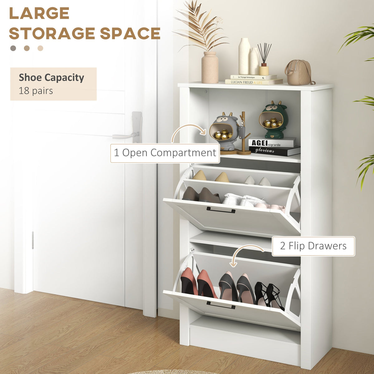 White shoe storage cabinet with flip drawers open showing shoe capacity