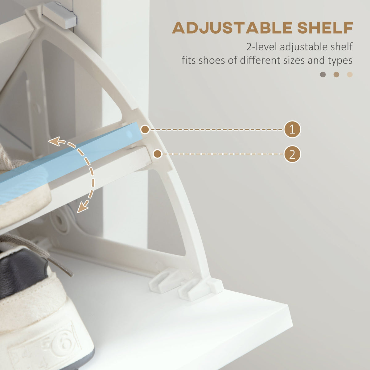 Close-up of the adjustable shelves inside the white shoe storage cabinet