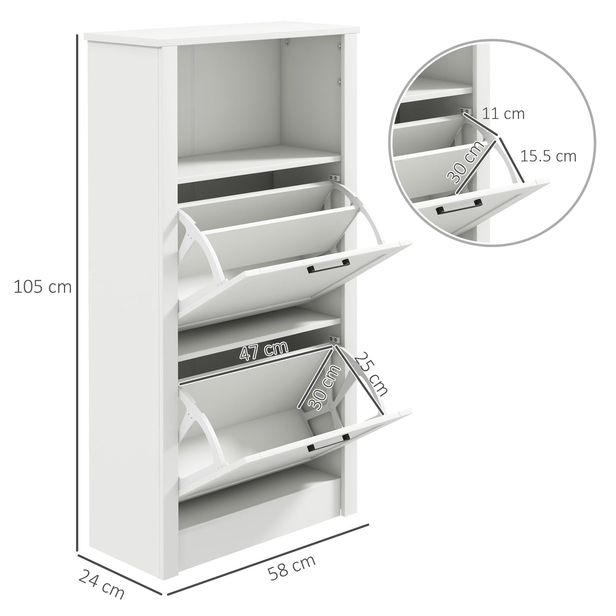 White shoe storage cabinet with dimensions and flip drawer depth shown