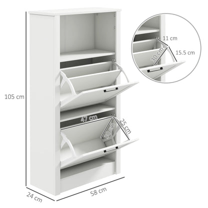 White shoe storage cabinet with dimensions and flip drawer depth shown