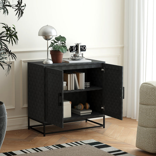 The storage cabinet placed in a living room with doors open and decorative items on top